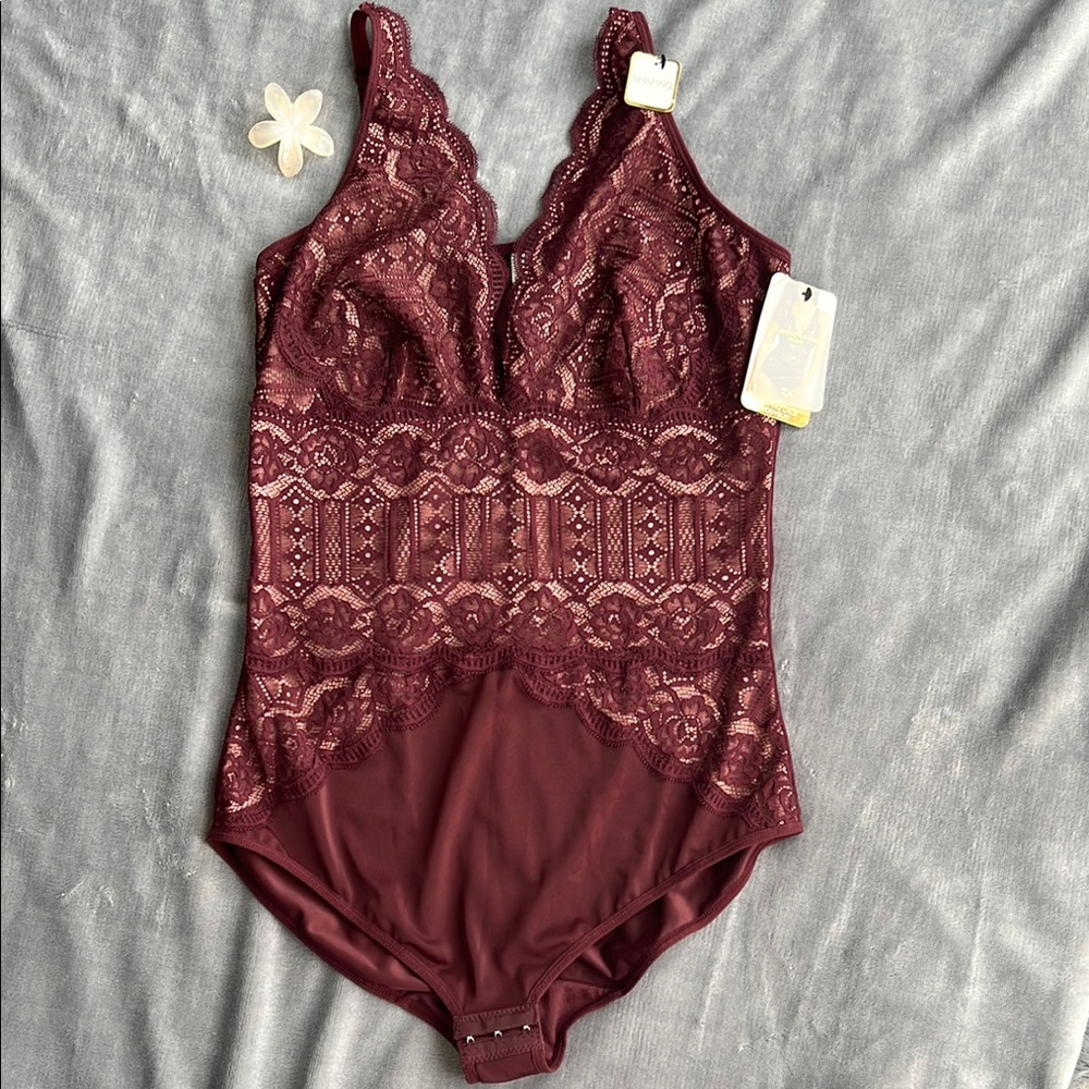 Adrienne Vittadini Wine Lace Bodysuit